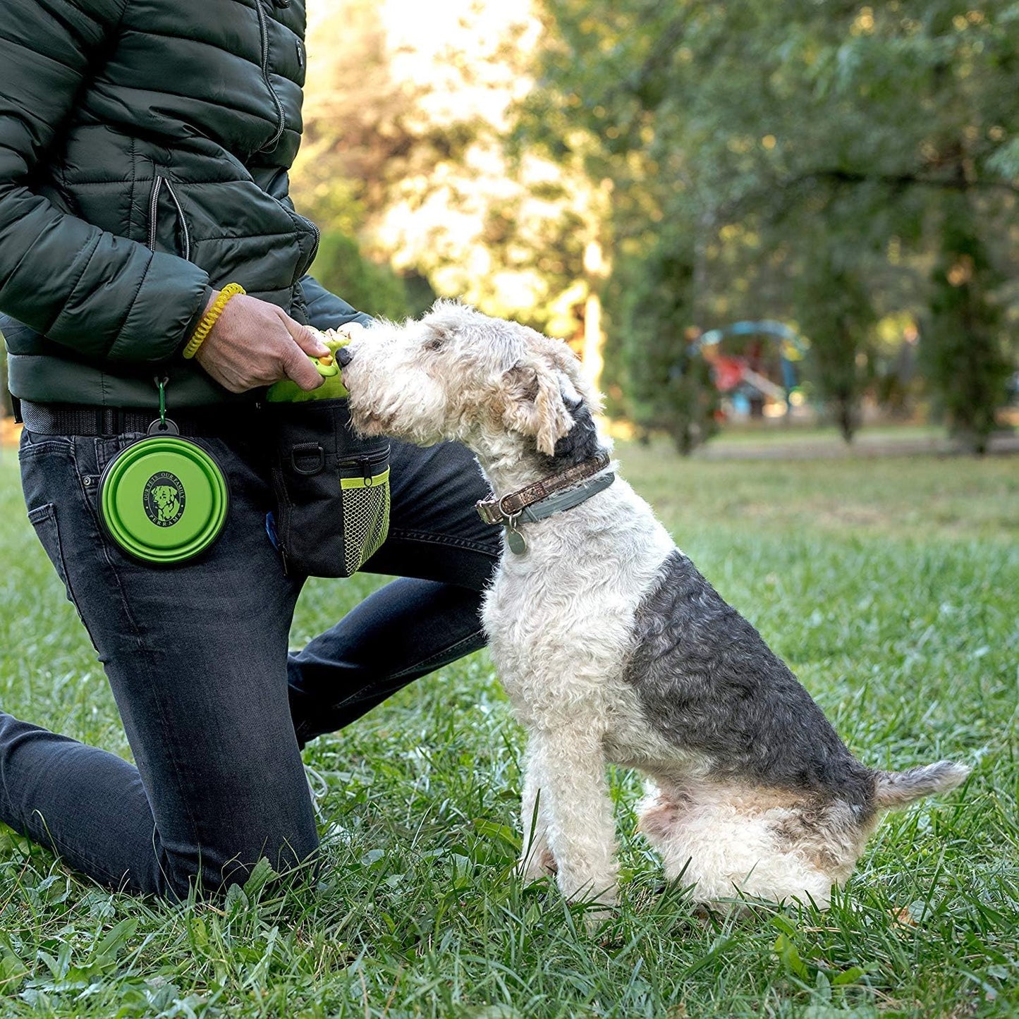 Dog Treat Pouch for Training & Walking, Pet Treat Bag with Poop Bag Dispenser, Pro Clicker, Collapsible Travel Bowl & Reflective Shoulder Strap - Black/Green