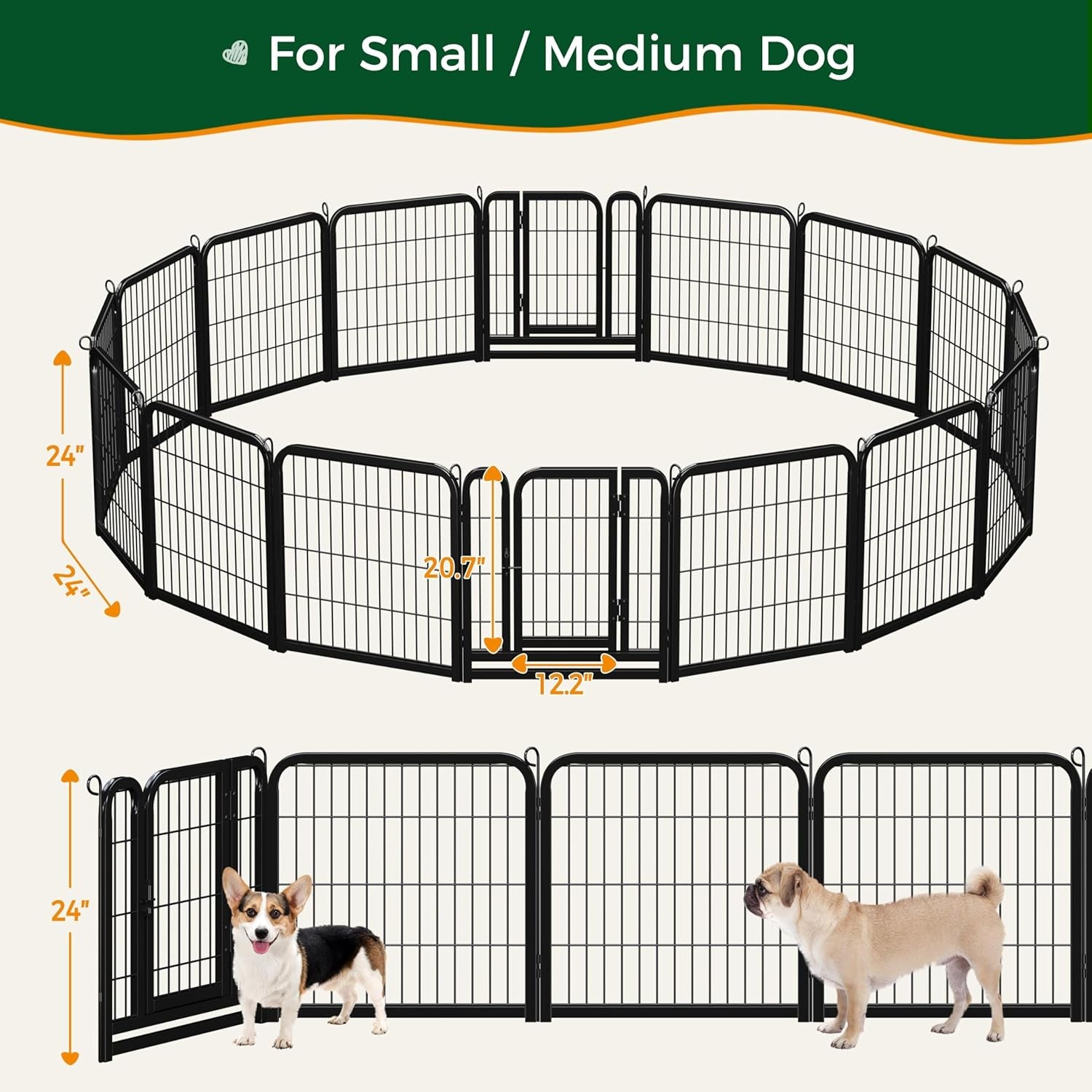 Yaheetech 24In 16 Panels Dog Playpen Metal Pet Fence for Yard RV Camping | Sturdy Heavy-Duty Metal Frame with Secure Latch Gate, Tool-Free Assembly, Folds Flat, Ideal for Small Dogs and Puppies